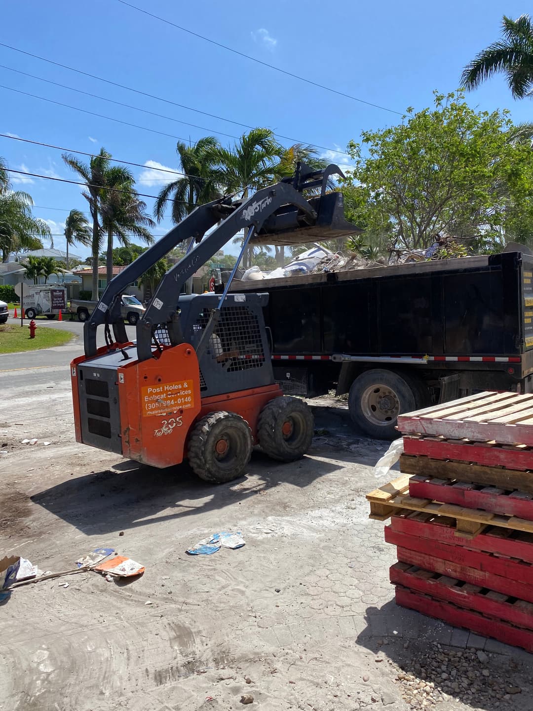 Skid steer loading debris into a truck on a sunny day with palm trees in the background.